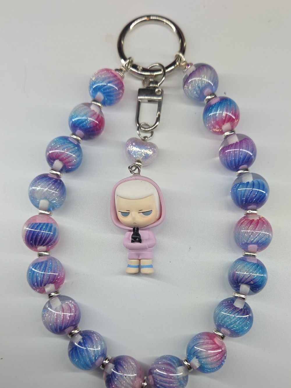 Pink & Blue Beaded Keychain with Cute Hoodie Kubo Character